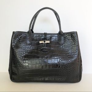 Longchamp Rozo Black Expandable Croc Embossed Leather Satchel Bag Purse